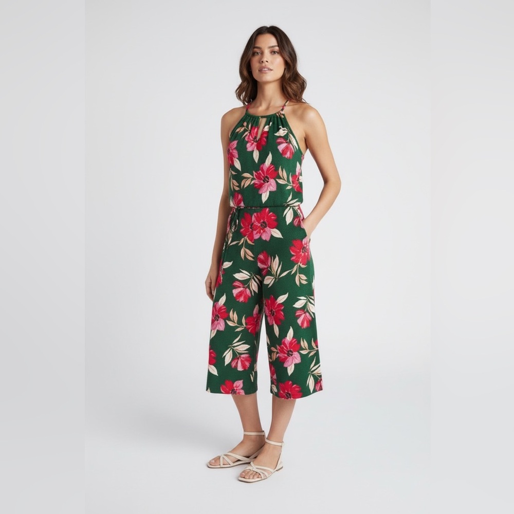Maggy London Lottie Wide Leg Knit Crop Jumpsuit Jumper Size 4 Green Red Floral